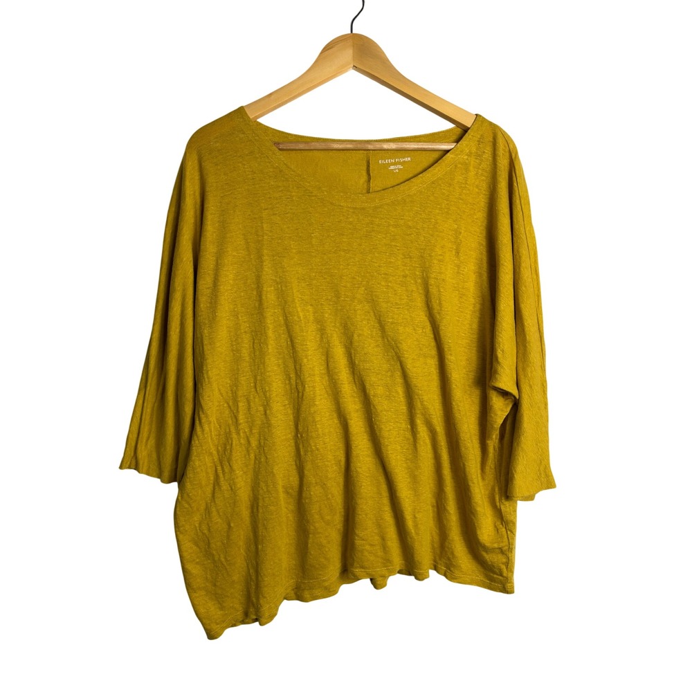 Eileen Fisher Mustard Yellow Organic Linen Scoop Neck Boxy Top natural earthy